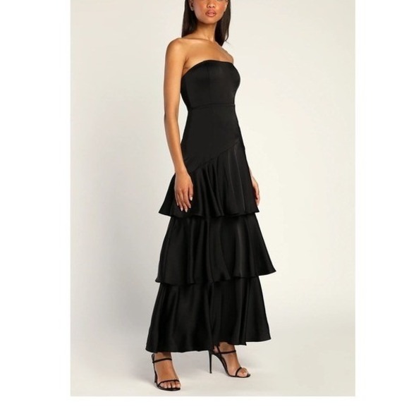 Lulus Black Strapless Tiered Ruffle Maxi Dress XS Evening Formal - Picture 11 of 12